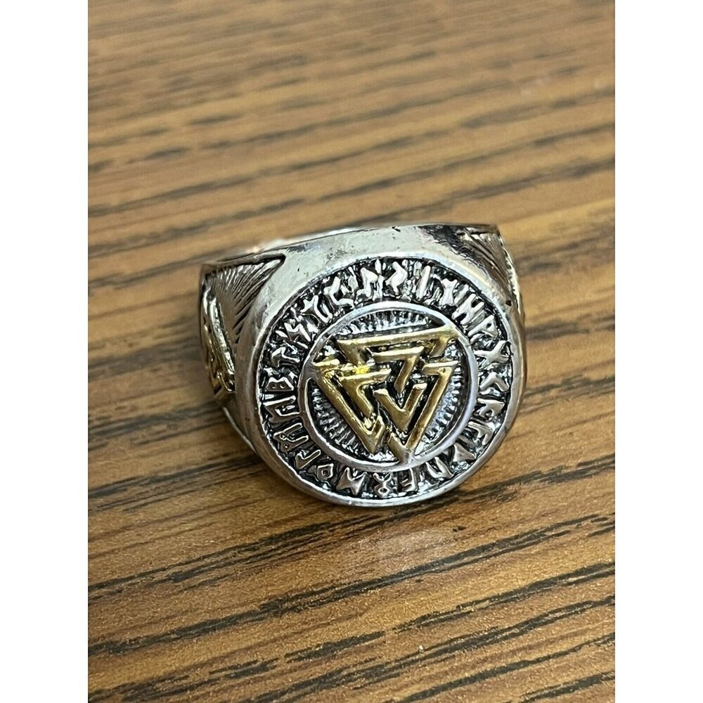Nordic Viking Odin Runes Valkunt "Warrior's Heart" Antique Stainless Steel Ring